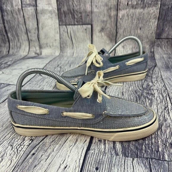 Sperry Bahama 2 Eye Boat Shoes Women's size 6 Slip On Sneaker Blue Sequins Shiny - Picture 8 of 11